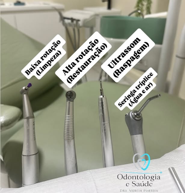 Instrumentos do consultório: baixa rotação, alta rotação, ultrassom e seringa tríplice